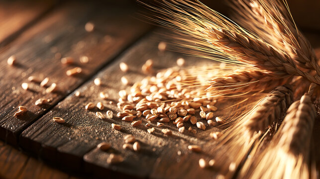 Close-up of freshly harvested wheat kernels and wheat ears on a wooden surface,grain detail for rustic agriculture and harvest, farming and food banner