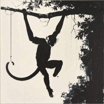 Silhouette of a monkey hanging from a tree branch.