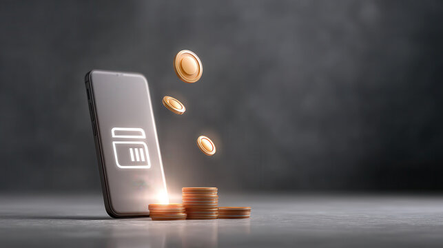 Mobile phone digital coins futuristic technology ai finance concept with glowing credit card icon and stacked coins on gray background