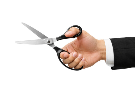Businessman hand holding open scissors isolated on transparent background 