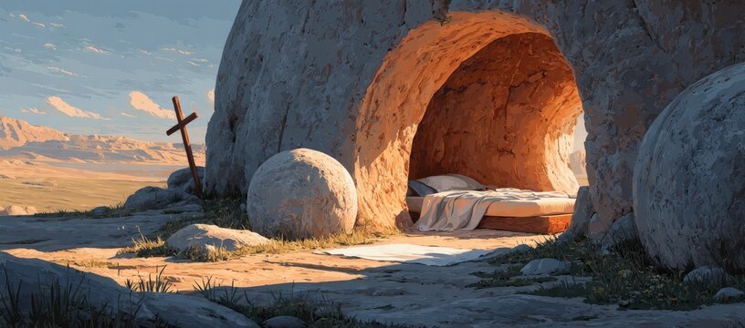 Stone cave interior with a bed and white linens, large boulders outside, a wooden cross nearby, and a scenic landscape under a clear blue sky
