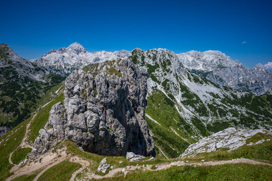 Summer alpine mountain landscape view from Visevnik summit, Julian Alps, Slovenia