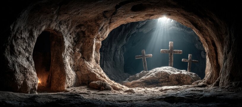 Cave interior with three wooden crosses illuminated by light beams, rocky walls and a small opening visible in the background, creating a dramatic atmosphere