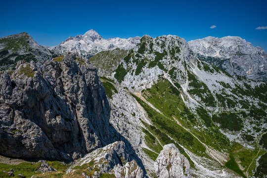 Summer alpine mountain landscape view from Visevnik summit, Julian Alps, Slovenia