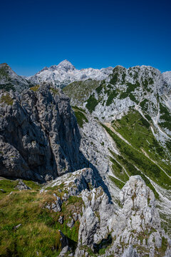 Summer alpine mountain landscape view from Visevnik summit, Julian Alps, Slovenia