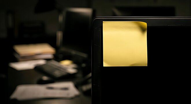 Yellow adhesive sticky note attached to a computer monitor in a dark office
