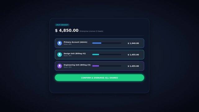 Smart split bill checkout modal with dynamic percentage sliders