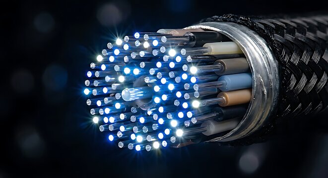 Cross section of a fiber optic cable glowing with bright blue light, technology