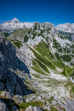 Summer alpine mountain landscape view from Visevnik summit, Julian Alps, Slovenia