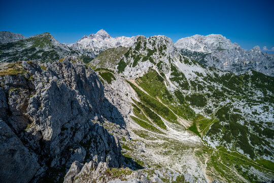 Summer alpine mountain landscape view from Visevnik summit, Julian Alps, Slovenia
