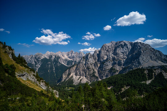 Summer alpine mountain landscape view from Slemenova Spica summit, Julian Alps, Slovenia