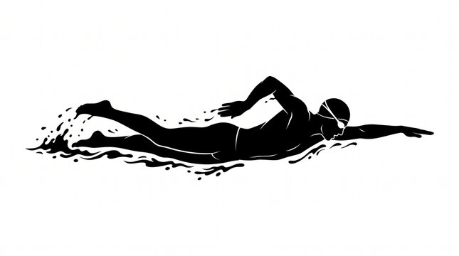 Professional athlete swimming freestyle stroke creating splashes in a clean black and white minimalist silhouette design