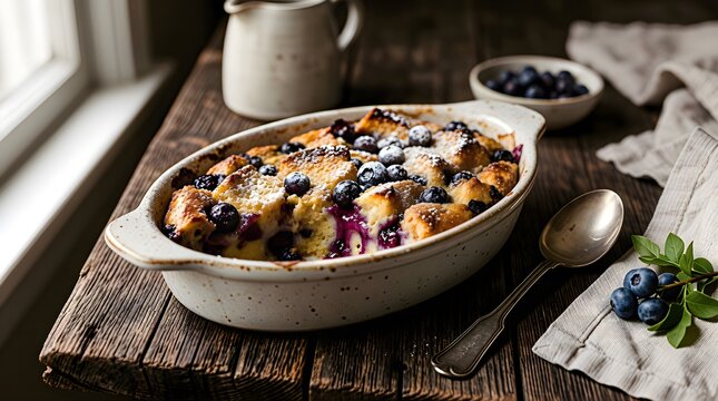 Homemade blueberry bread pudding in a rustic ceramic dish on a wooden table