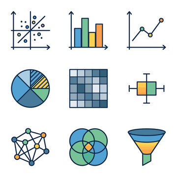 Data charts vector graphics showing statistical graphs, scatter plots, pie charts, and analysis tools for financial reports.