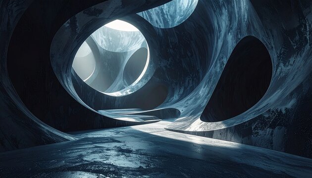Abstract organic concrete cavern interior with round skylight openings