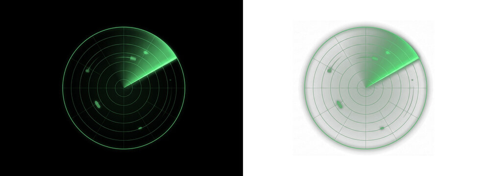 Green glowing radar screen, digital sonar display with targets isolated on transparent background