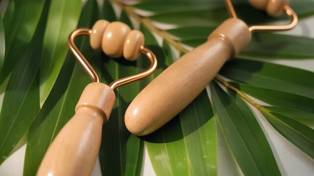 Natural wooden face rollers on green leaves for skincare, beauty, and wellness routine