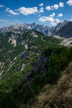 Summer alpine mountain landscape view from Slemenova Spica summit, Julian Alps, Slovenia