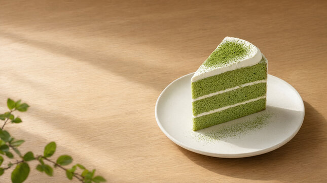 A slice of layered matcha green tea sponge cake on a white plate over a wooden surface.