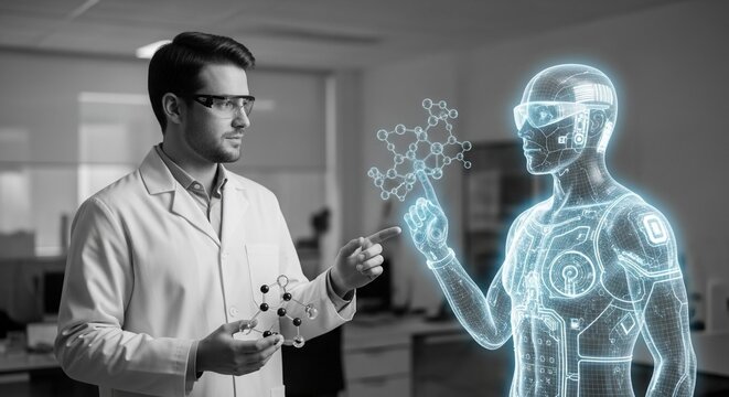Scientist analyzes molecular structure with a digital human hologram in a futuristic laboratory setting, showcasing scientific advancement and medical research.