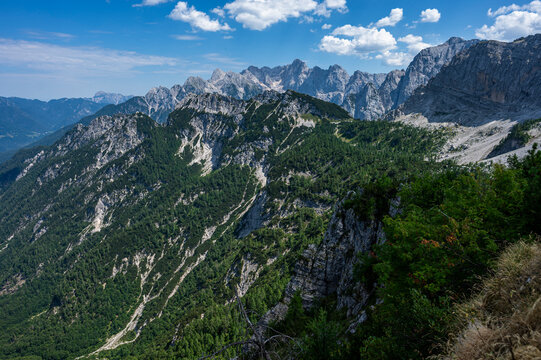 Summer alpine mountain landscape view from Slemenova Spica summit, Julian Alps, Slovenia