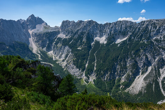 Summer alpine mountain landscape view from Slemenova Spica summit, Julian Alps, Slovenia