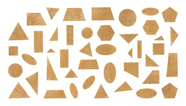 Collection of textured cork geometric shapes isolated on transparent background