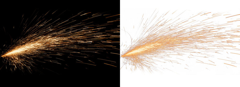 Sparks flying from metal grinding isolated on black background and transparent background