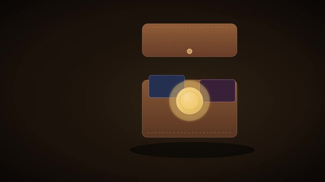 A leather wallet opens its flap revealing a glowing coin