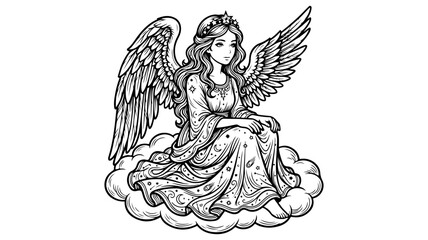 Naklejka premium Vintage angel line art, celestial winged woman sitting on cloud, black and white divine goddess vector illustration for coloring book