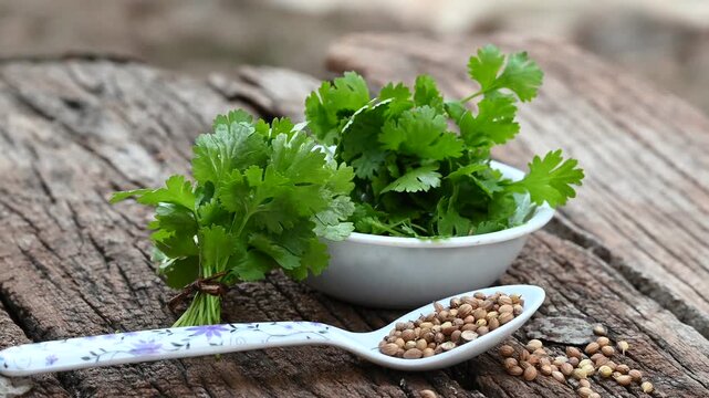 Coriander herb on wood background. Bunch of fresh coriander on wooden table close up
