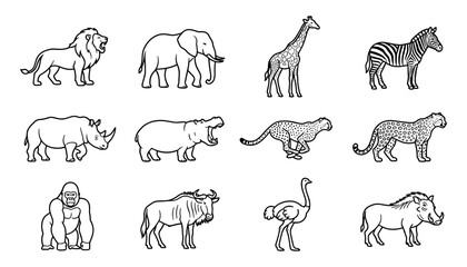 Fototapeta premium Animal Silhouettes Set with Linear Outlines and Simple Shapes
