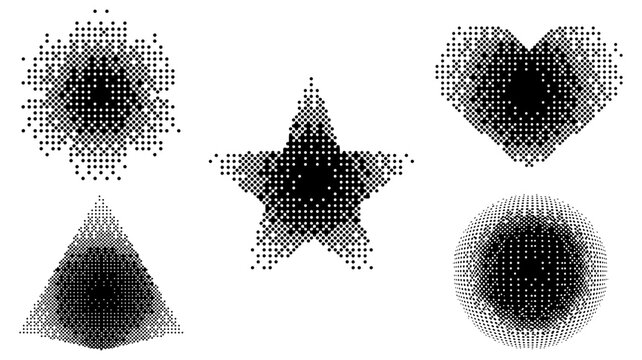 Halftone geometric shapes set, black and white pixelated gradient icons, retro dithered star heart and circle vector elements