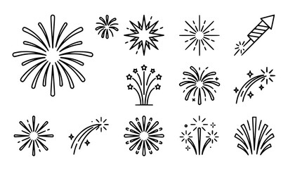 Obraz premium Fireworks Celebration Symbol Outline Vector Icon Set Black and White
