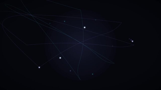 Glowing nodes orbit tilted ellipses with echo trails