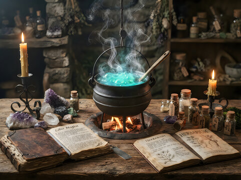 Glowing blue magic potion bubbling in antique cauldron with mystical alchemy tools and candles