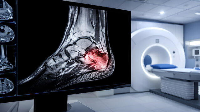 Bone osteomyelitis radiology imaging with localized marrow edema and inflammation in a clinical MRI setting, realistic diagnostic concept for healthcare, medical education, and patient education