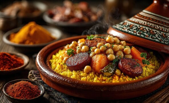 Traditional Moroccan tagine dish with couscous, chickpeas, carrots, and spices served in a decorative clay pot on a rustic wooden table