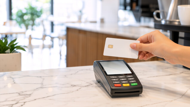 Contactless payment with credit card at a cafe counter. Hand holding blank card over POS terminal. Cashless transaction and modern retail concept