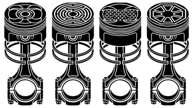 Automotive engine piston vector set, black and white mechanical car parts, 4 industrial engine piston icons for racing graphics