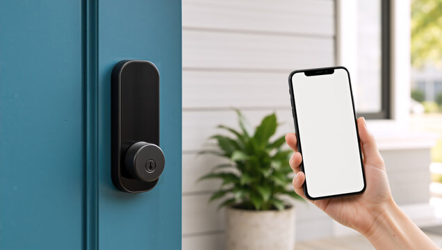Hand holding smartphone with blank screen next to a smart lock on a blue door. Keyless entry and smart home security concept. Mobile app mockup