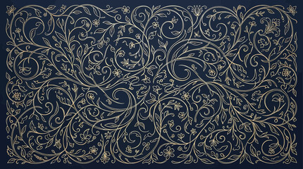 Vintage floral seamless pattern with intricate handdrawn botanical illustrations, swirling vines and delicate flowers on a dark navy blue background © Saharia