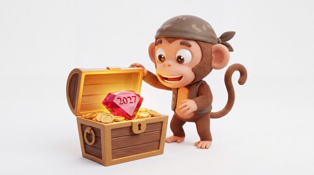 Cartoon Pirate Monkey Opening Treasure Chest with 2027 Gem