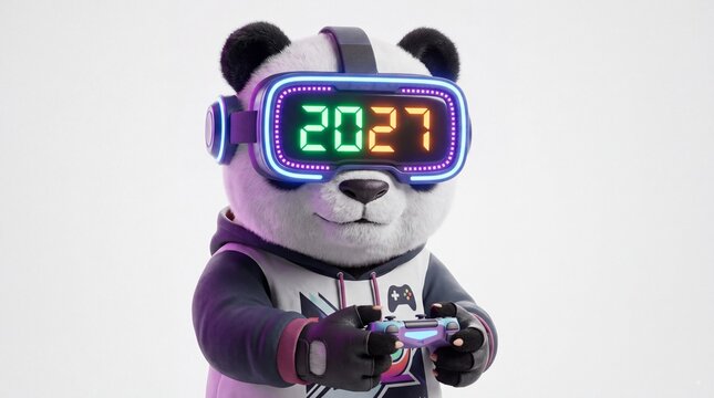 Futuristic Panda Character Wearing VR Headset for Year 2027