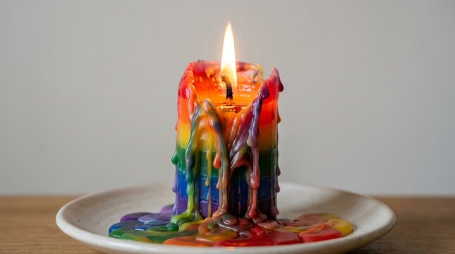 Colorful melting candle with vibrant rainbow wax drips on plate.