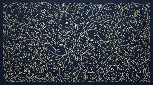 Vintage floral seamless pattern with intricate handdrawn botanical illustrations, swirling vines and delicate flowers on a dark navy blue background