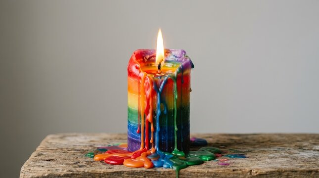 Colorful melting wax candle with vibrant rainbow drips on wooden surface.