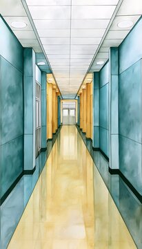 Solitary corridor watercolor illustration evokes quiet mystery in institutional architecture design