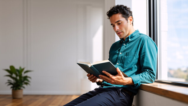 Young man sitting on window sill reading a book. Male student in green shirt studying in minimalist room. Education and leisure concept