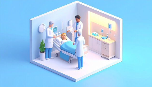 Isometric 3D medical team consulting female patient in modern hospital ward room interior
